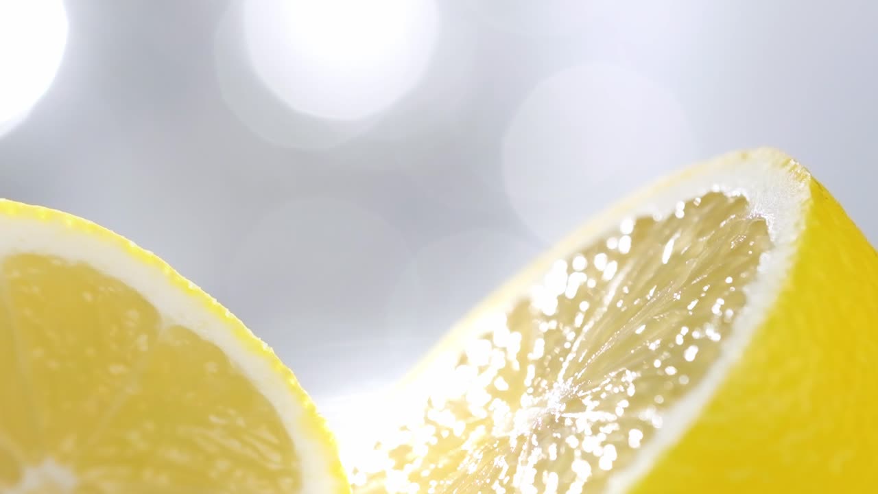 Sliced Lemon rotating in slow motion against blurred white background, Macro shot