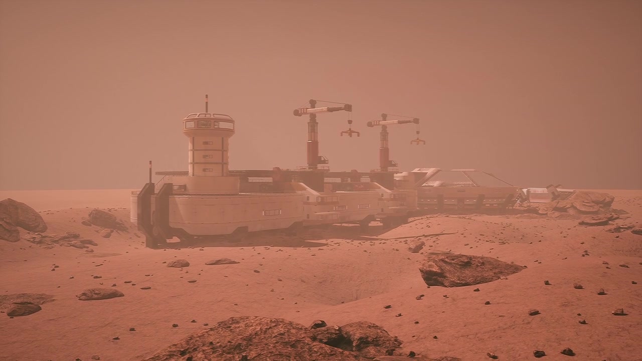 Habitat marťanské kolonie s vybavením připraveným pro vědecký průzkum na rudé planetě.