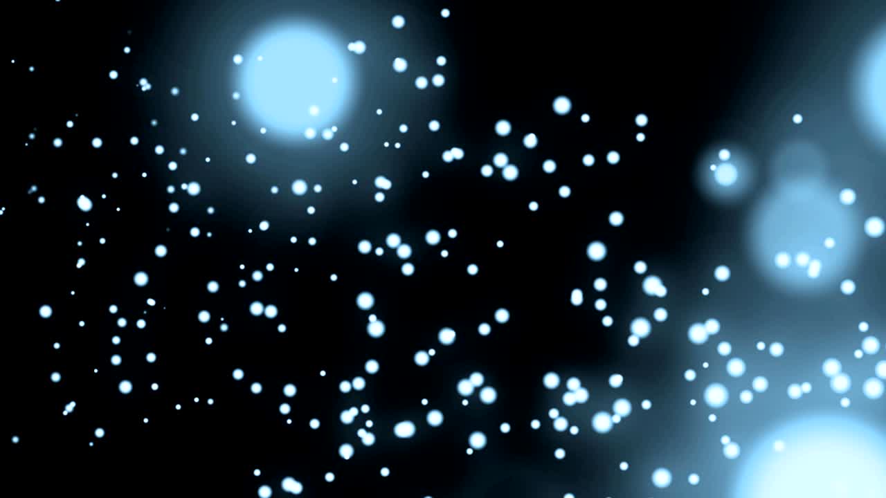 Animation of multiple glowing spots of light moving in hypnotic motion on blue background