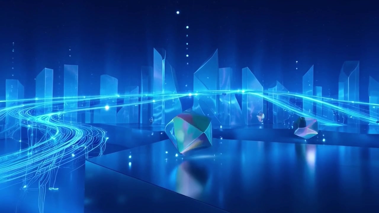 Abstract Digital Cityscape with Glowing Light Trails and Geometric Shapes