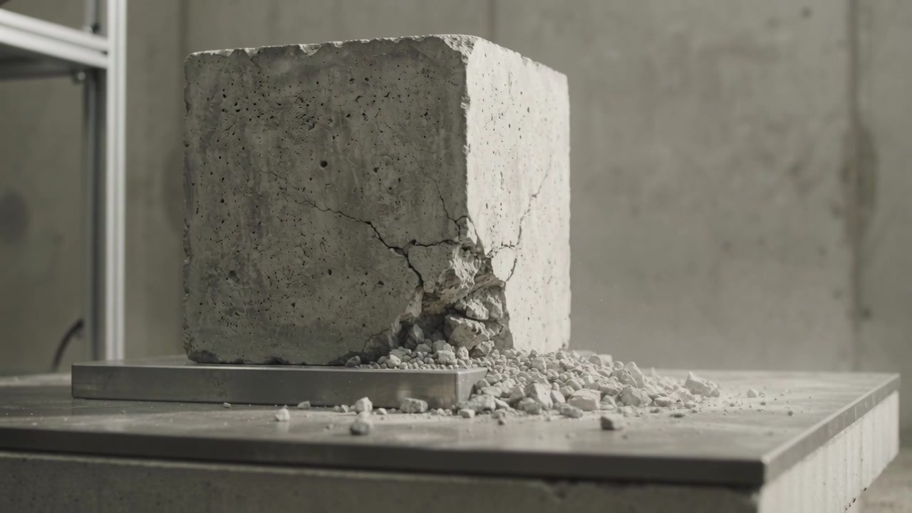 Campione di prova di cubo di cemento che subisce un impatto, producendo polvere e frammenti su una piastra metallica al banco di prova.