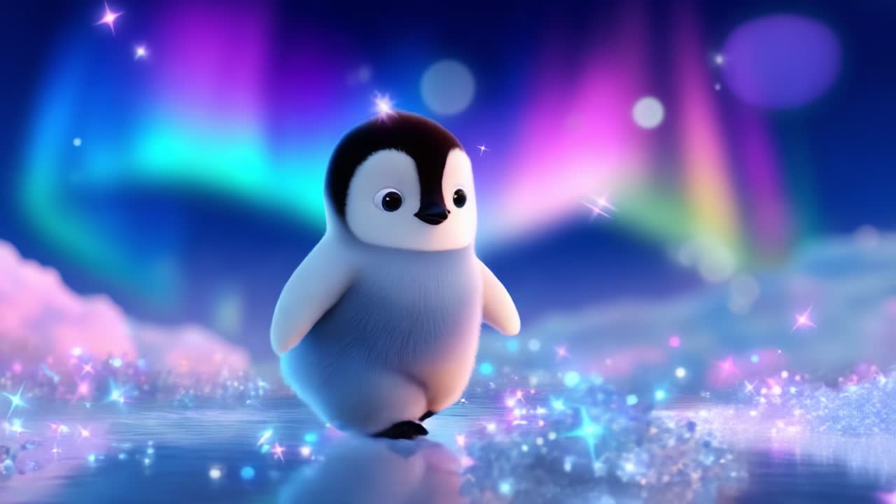 A Charming Animated Penguin Joyfully Exploring a Magical Landscape Underneath a Dazzling Aurora Borealis, Surrounded by Sparkling Snow and Ethereal Lights in a Whimsical Winter Wonderland Setting