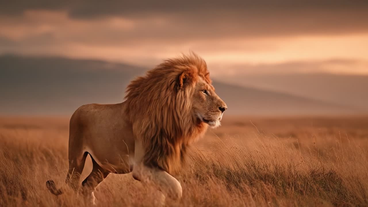 Majestic Lion Roaming in Golden Grasslands: A Stunning Display of Wild Power and Beauty in Nature's Untamed Landscape at Sunset