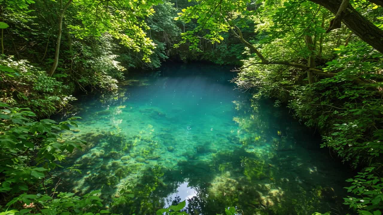 Serene Encounters: Tranquil Blue Waters Surrounded by Verdant Greenery Captured in an Enchanting Forest Landscape