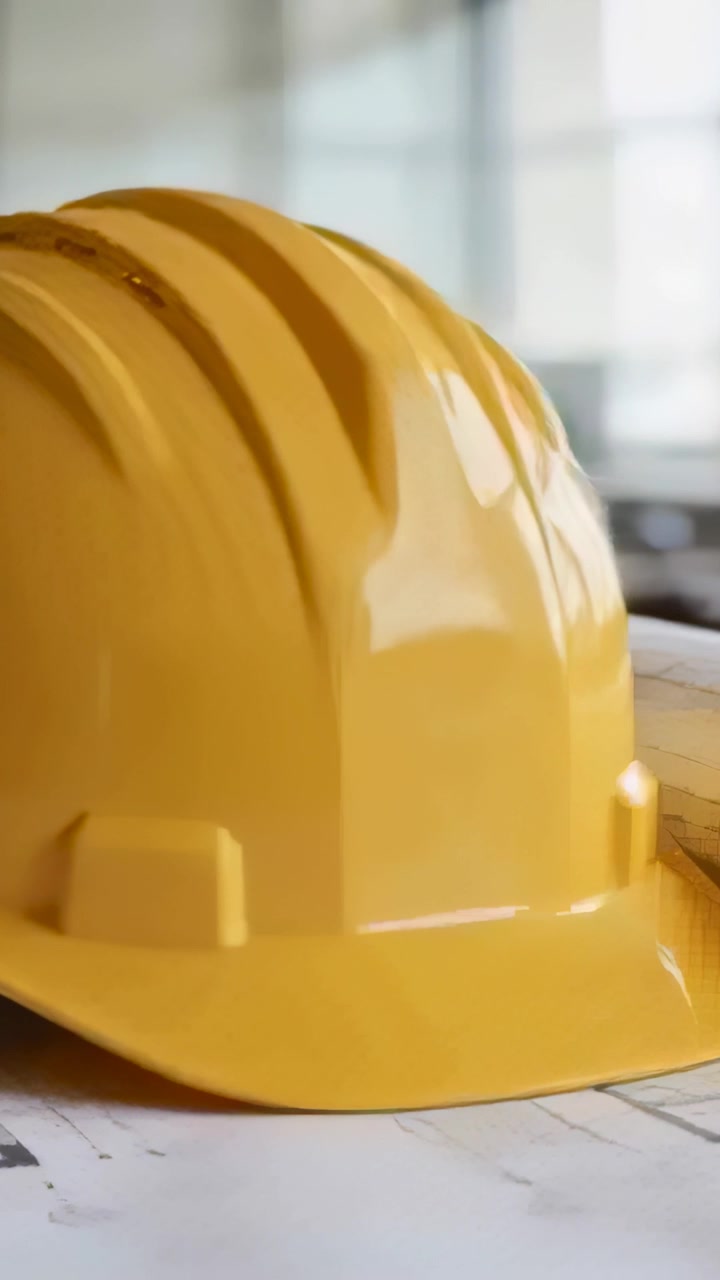 Video verticale: Lenta panoramica della telecamera che centra un cappello giallo su un tavolo da disegno, rivelando dei progetti.