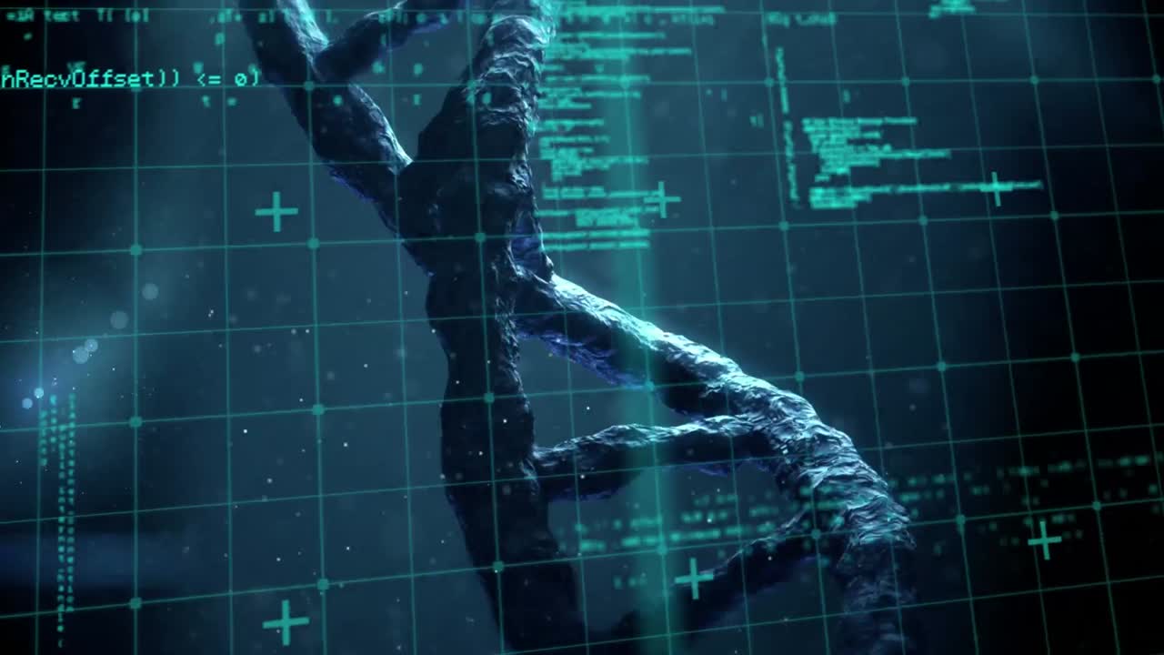 Animation of data processing over 3d dna strand spinning