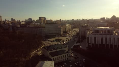 Scenic-top-panoramic-view-of-Kyiv-city-Podol-old-center,-Dnepr-river-Rybalskiy-island-panoramic-landscape.-Ukrainian-capital-Kiev-blizzard-panorama