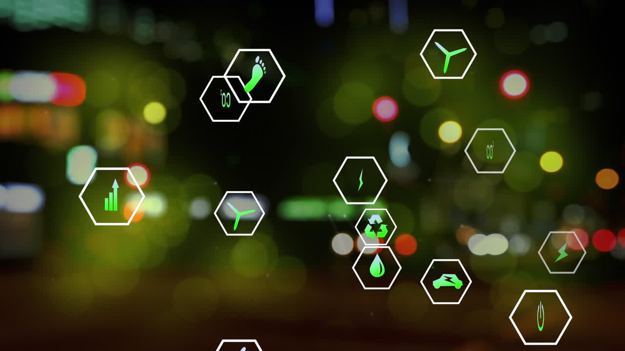 야간 도시 교통의 흐릿한 시야에 맞춰 여러 디지털 아이콘의 애니메이션