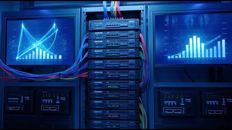 Rack server con schermi di visualizzazione dati in un data center