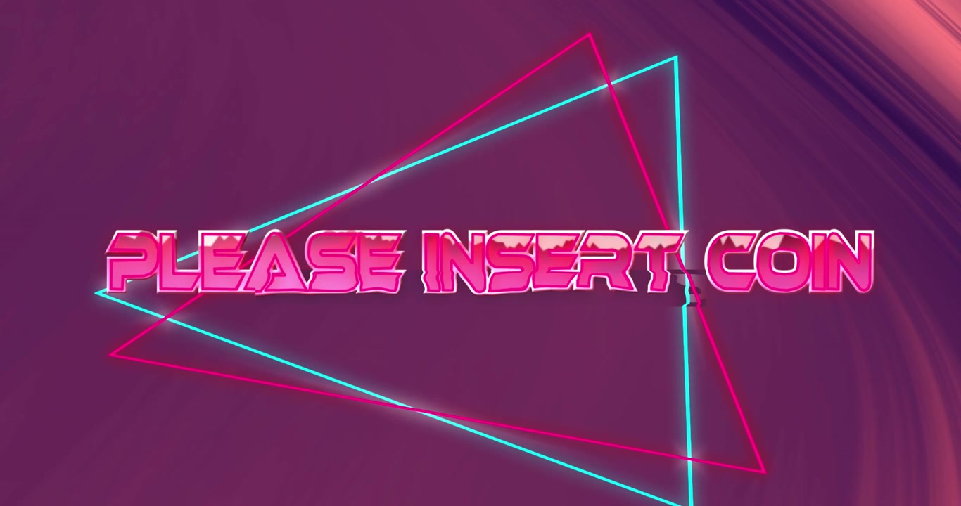 Animazione del testo "inserire moneta" su forme al neon su sfondo nero