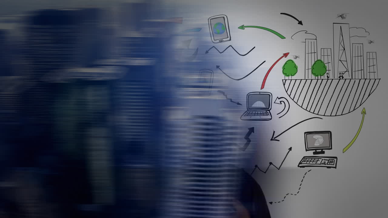 Animation of hand drawn computer and internet symbols seen through hole on black background