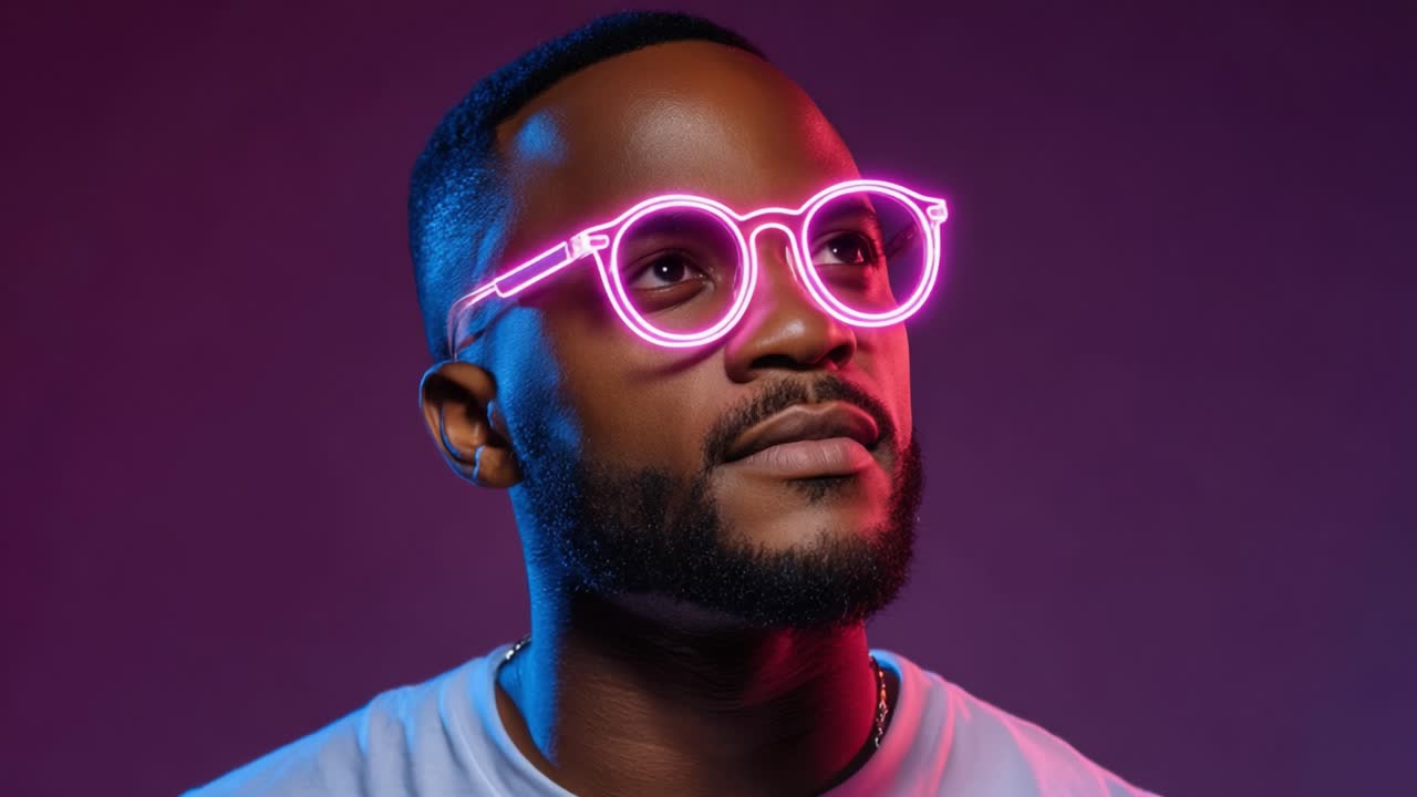 A stylish individual wearing vibrant neon glasses poses against a purple backdrop, showcasing a confident look filled with modern fashion and artistic flair