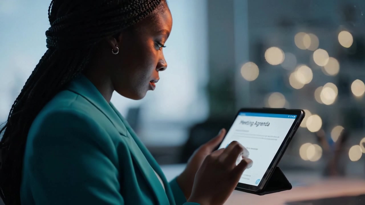 Focused Professional Using Tablet for Work in Contemporary Office Environment with Soft Lighting and Bokeh Background, Demonstrating Technology and Productivity.