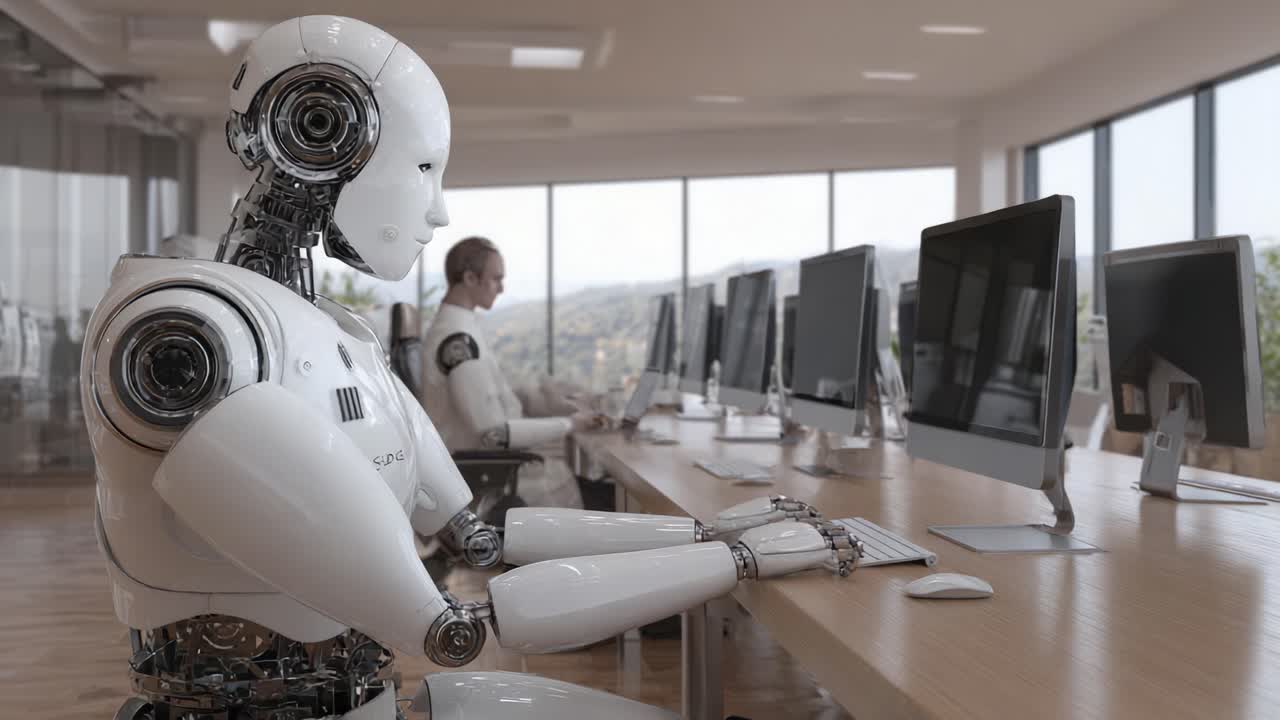 A futuristic workspace showcasing an advanced humanoid robot seated at a modern desk, diligently typing on a computer alongside a human colleague, emphasizing the integration of technology and workforce