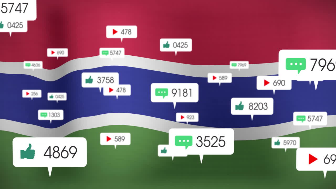 Gambia flag with animation of social media interaction icons floating above it