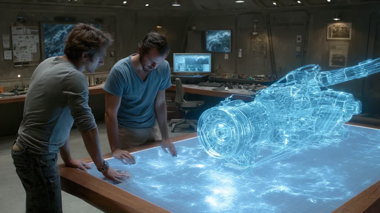 Two Individuals Engage with a Holographic Projection of a High-Tech Device in a Modern Workspace, Highlighting Innovative Technology and Collaborative Exploration