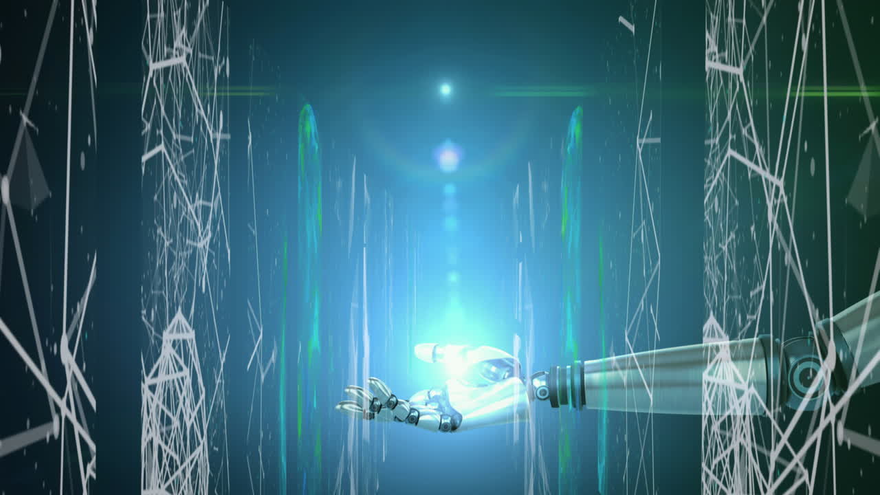 회전하는 연결 네트워크에 대한 로 ⁇  손 위에 빛의 반점이 있습니다.