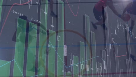 animación del procesamiento de datos sobre diversos jugadores de baloncesto masculinos en el gimnasio