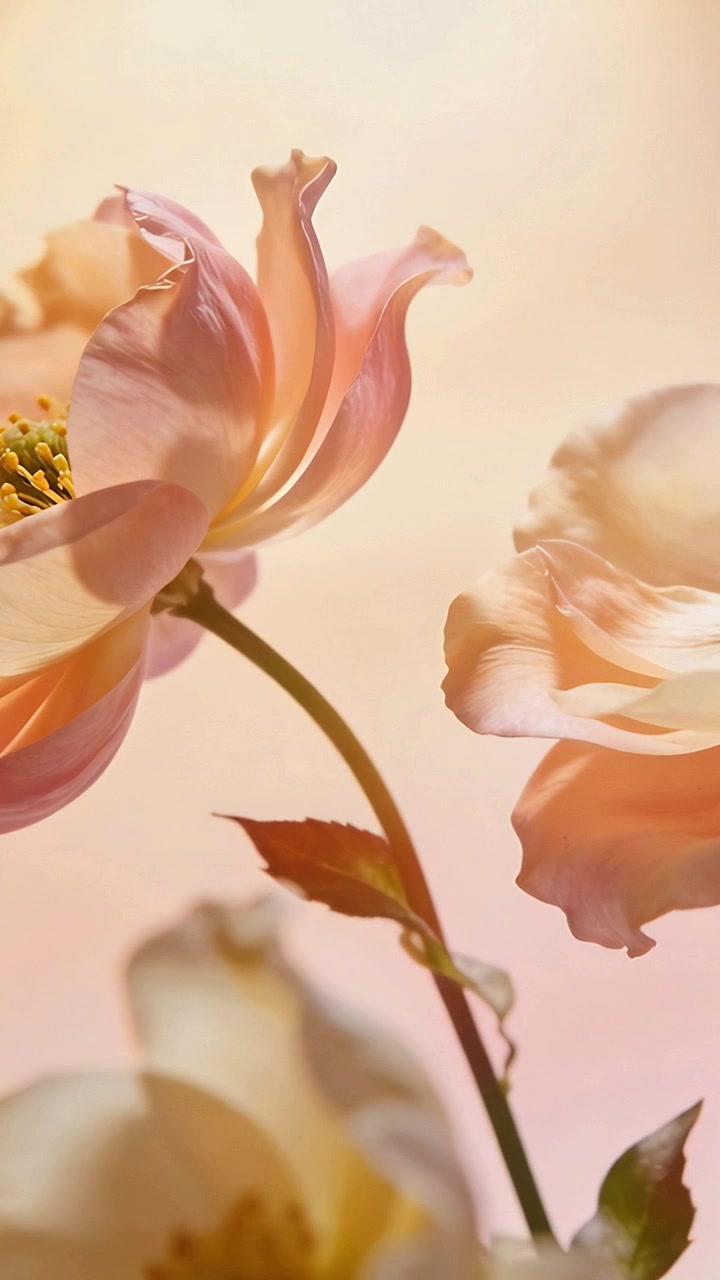 Video verticale: Fiori di pesco ondeggianti e stelo arcuato che si aprono mentre la calda luce dello studio si sposta.