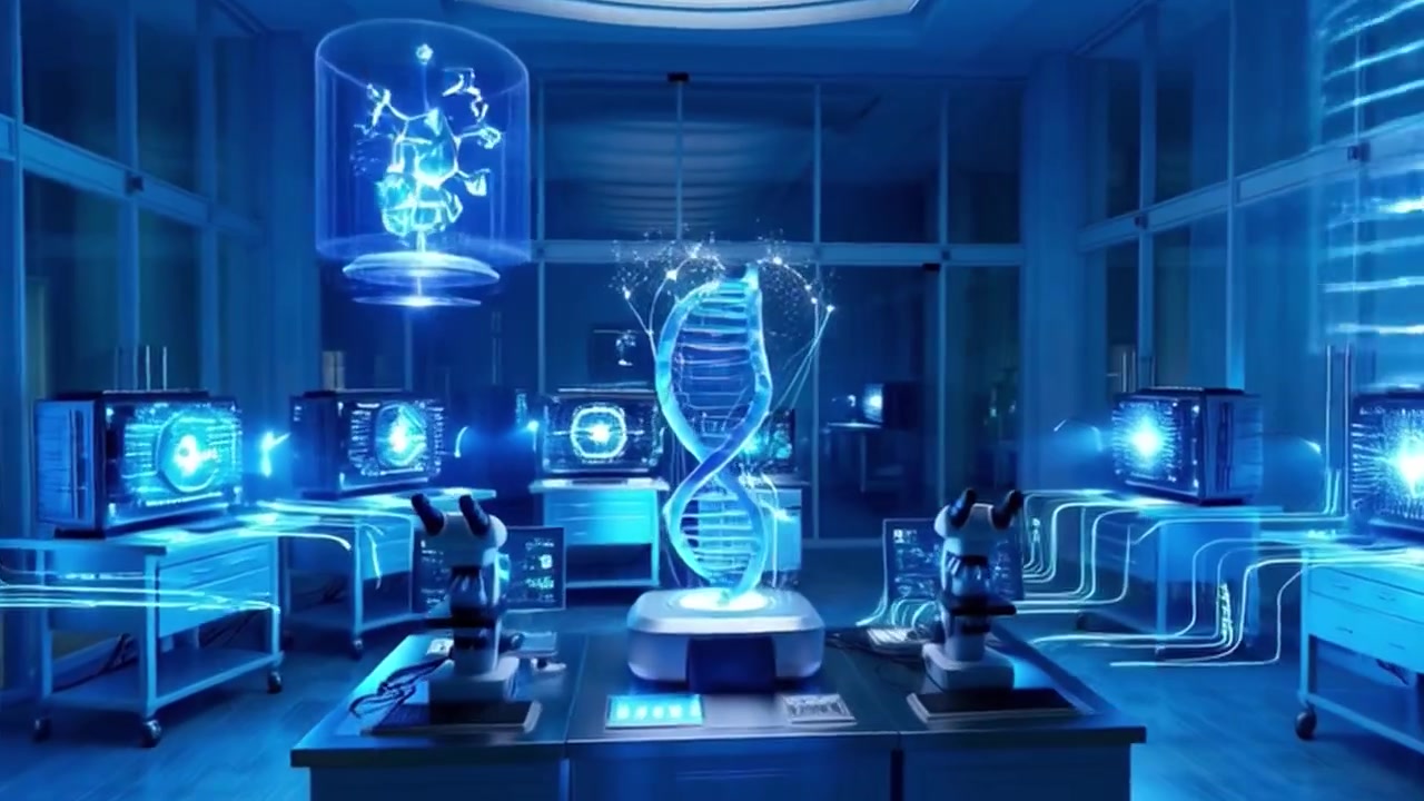 Futuristic Laboratory with Holographic DNA and Digital Data Visualization