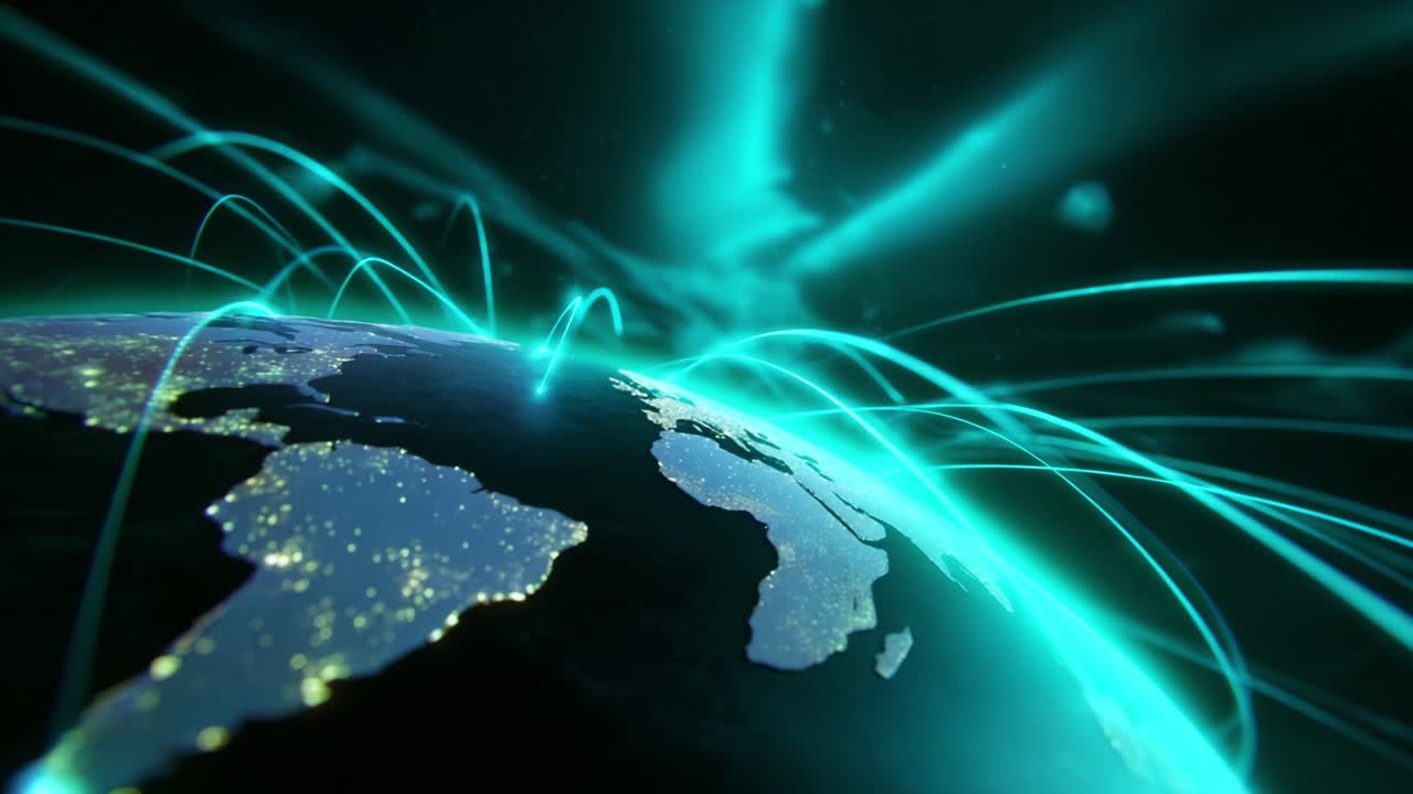 A Stunning Visual Representation of Global Connectivity, Showing Earth Illuminated by Light Trails That Symbolize the Flow of Data and Information Across Continents, Highlighting Technological Progress and Interconnectivity