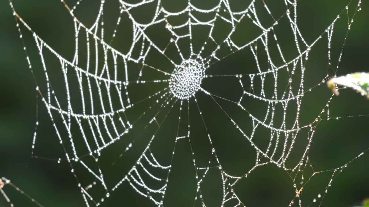 Delicate Web of Dew: A Captivating Close-up of a Spider's Web Adorned with Sparkling Droplets, Showcasing Nature's Intricate Design and Beauty