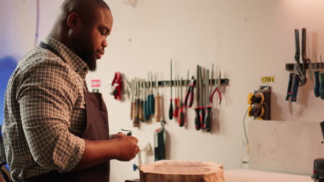 carpenter inspecting wood block, putting safety glasses on and picking tool