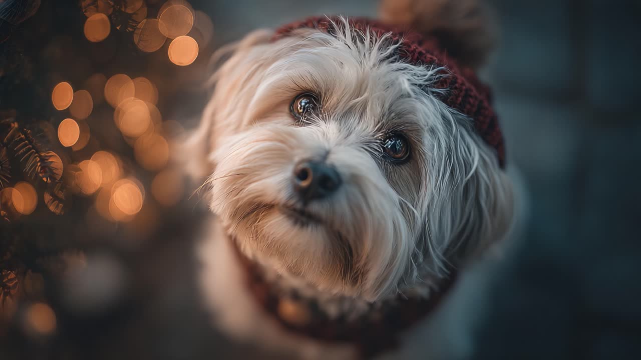 Adorable Small Dog in a Cozy Sweater Surrounded by Festive Lights Capturing Holiday Cheer in a Warm and Heartfelt Moment