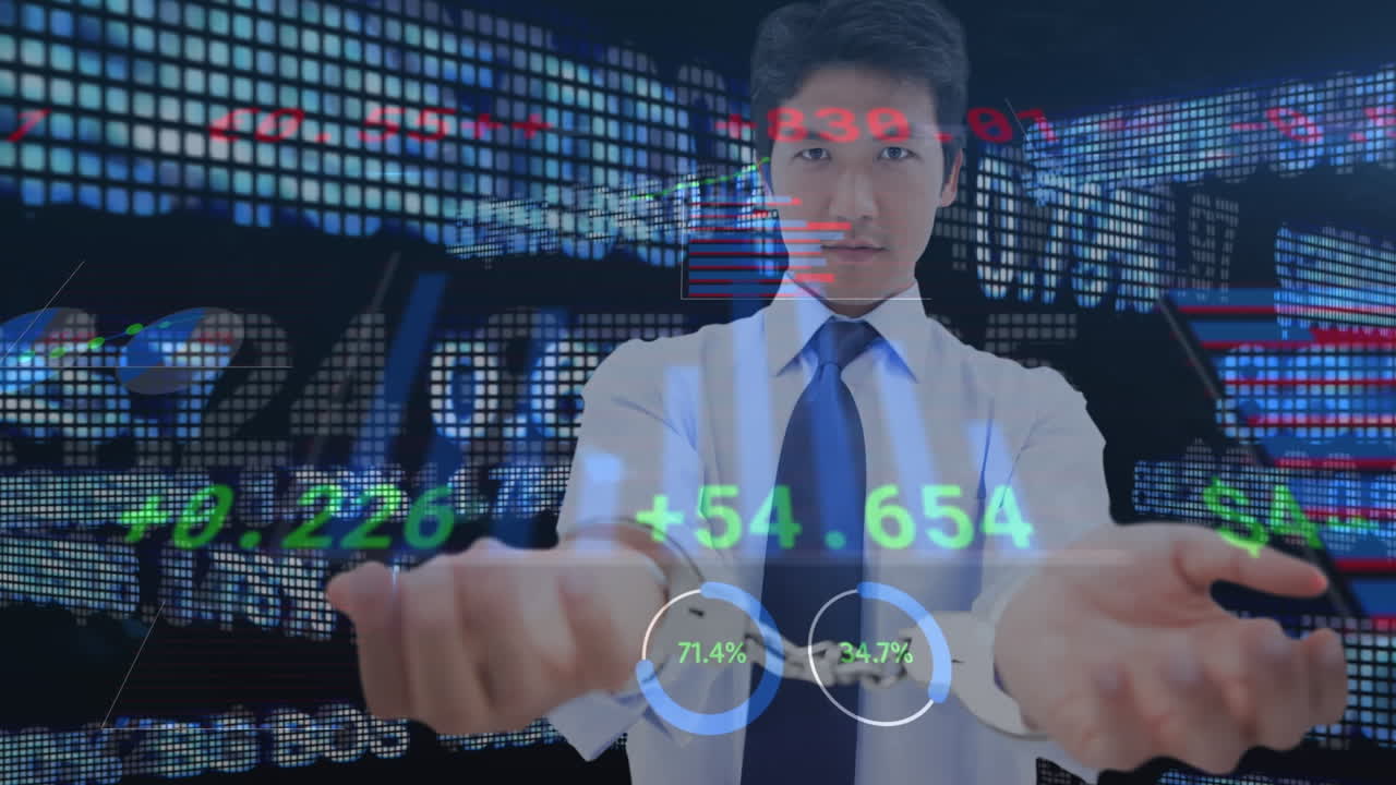 Animation of data processing over businessman in handcuffs