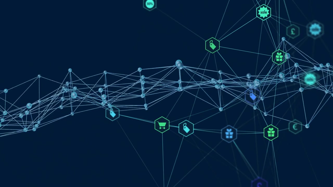 Digitalt netværksdiagram danner bølgeform, viser glødende noder og e-handelsikoner i fladt design.