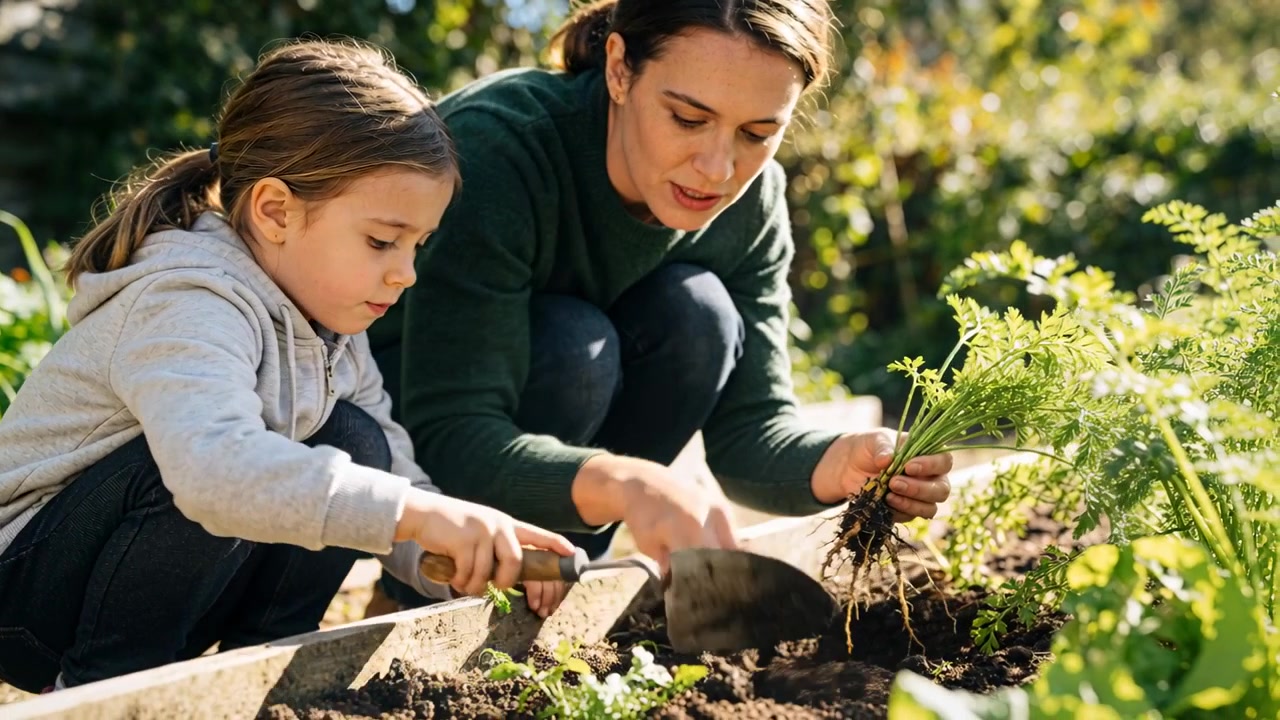 Planting mother and daughter in casual clothes inspecting roots and digging in yard bed with trowel