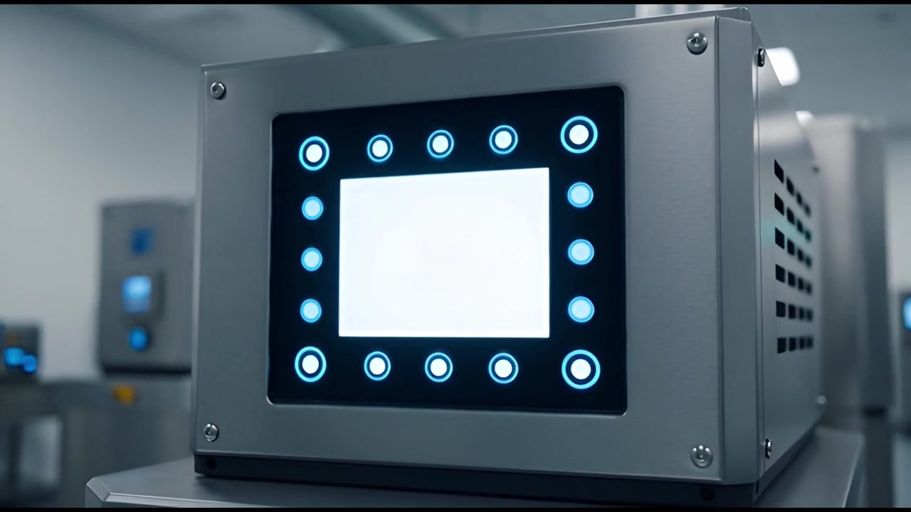 Modern Industrial Control Panel with Blank Screen and Blue Glowing Buttons