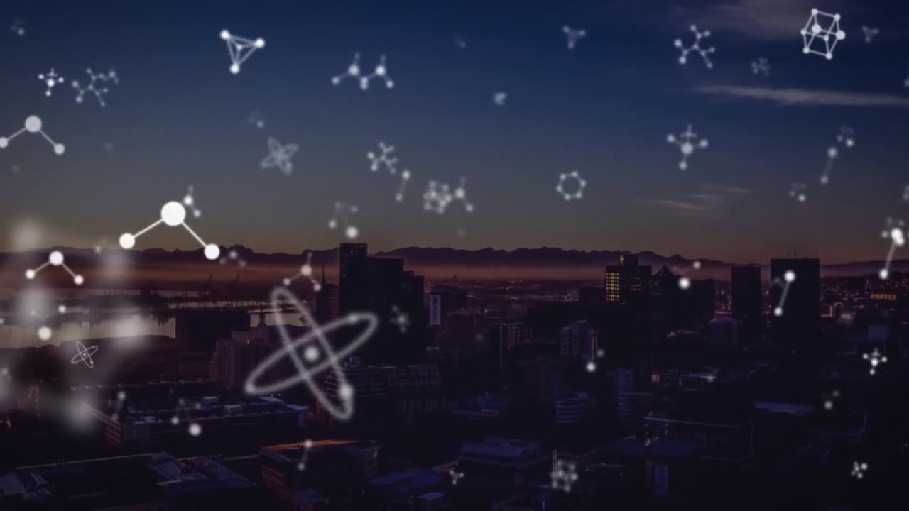 Animation of shapes moving over cityscape