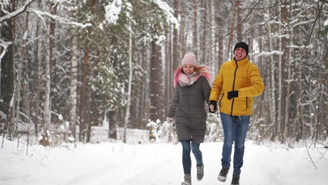 una pareja joven y hermosa se divierte en el parque, corriendo y tomados de la mano. concepto de historia de amor y día de san valentín. temporada de invierno.