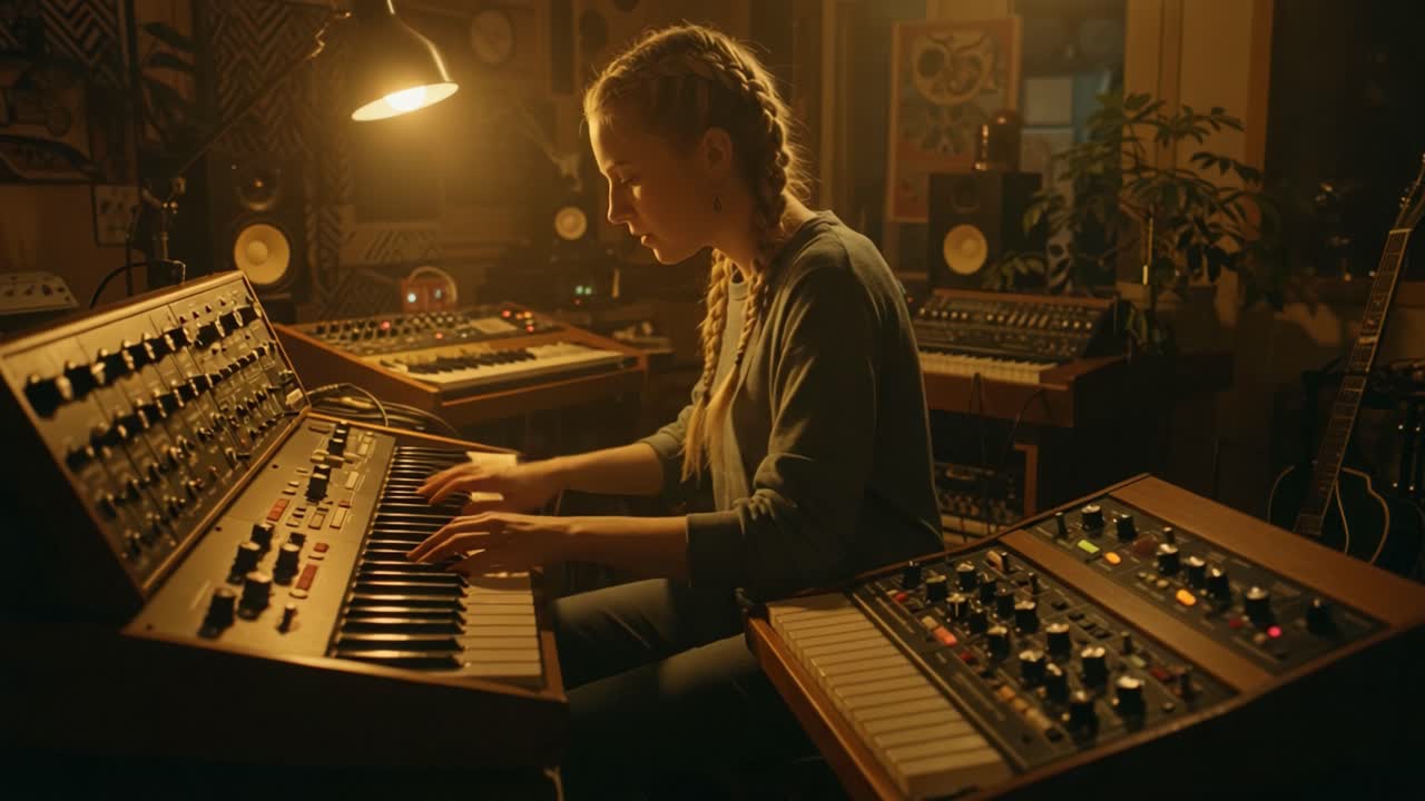 A Musician in a Cozy Studio Crafting Unique Sounds on Vintage Synthesizers and Keyboards Under Warm Light, Perfecting Her Art in an Inspiring Environment