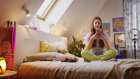 una adolescente usando un teléfono inteligente en su acogedora habitación