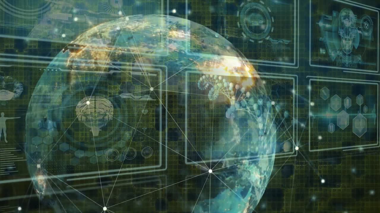 Animation of rotating globe over screens with scientific data