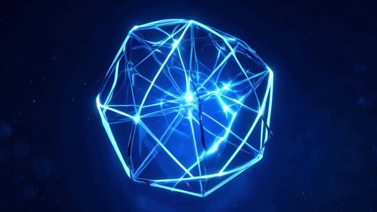 Glowing Blue Geometric Sphere Rotating in Dark Space