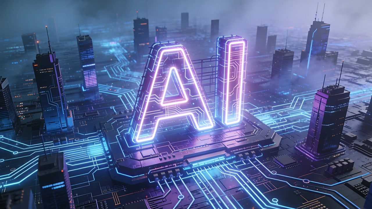 Heller werdende Neon-KI-Buchstaben auf einem Pad senden Impulse durch eine Leiterplattenstadt, versorgen Türme mit Energie und erzeugen Nebel.