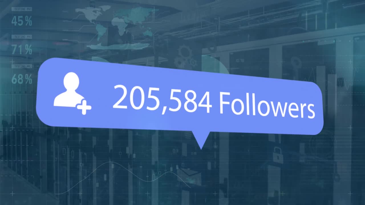 Animation of financial data processing and followers number over server room