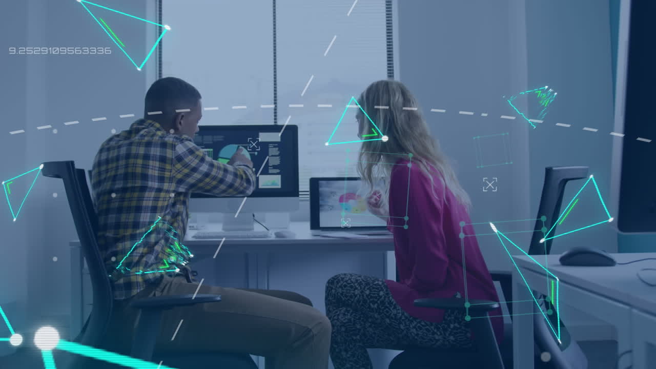 Animation of neon shapes and data processing over diverse business people in office