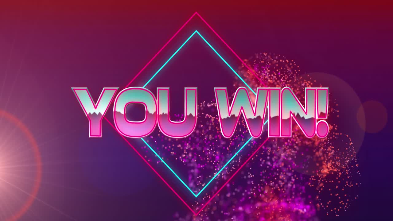 Animation of you win text banner over digital waves and light spot against purple background