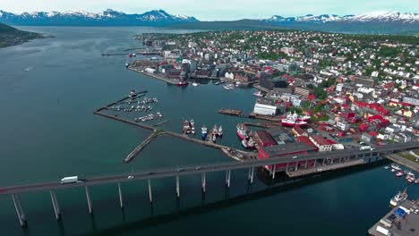 Bridge-of-city-Tromso,-Norway-Aerial-footage