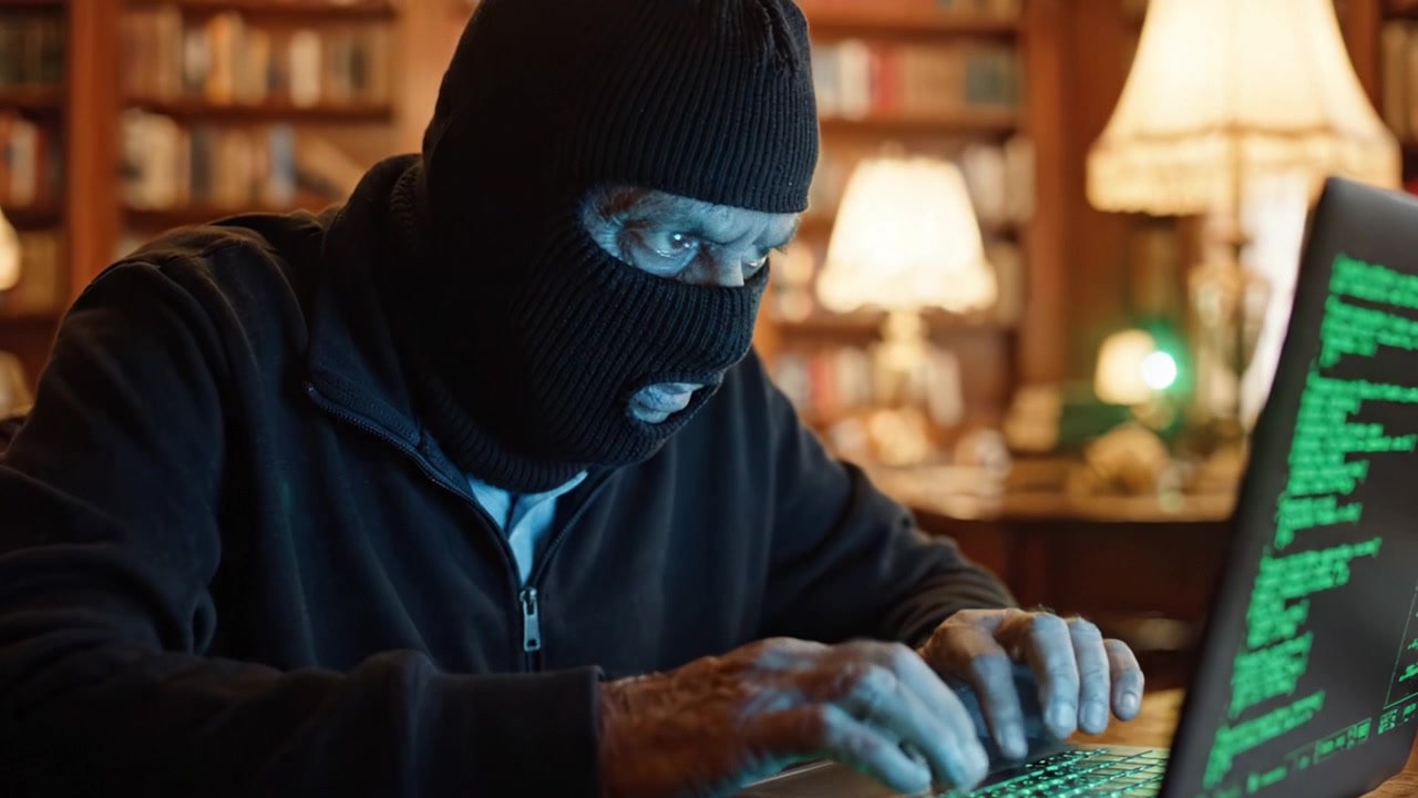 Uma Figura Misteriosa Envolvida em Intrusão Cibernética: O Mundo Intrigante do Hacking Capturado em Dois Quadros com Foco em Tecnologia e Vigilância