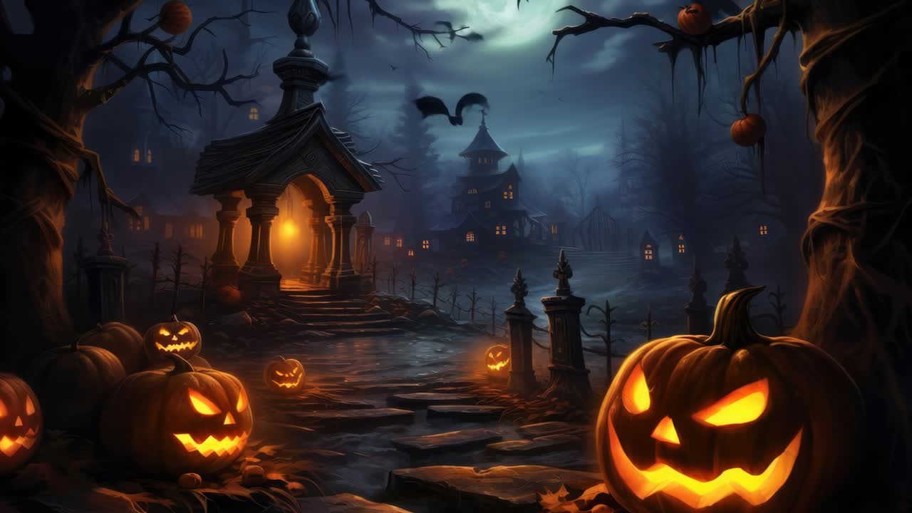 Spettrale scena di Halloween con zucche luminose e una casa spaventosa