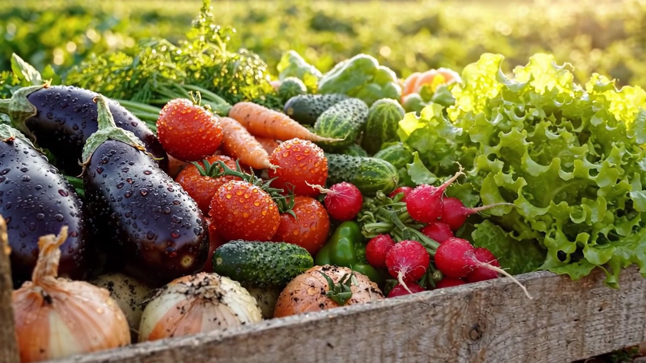 Una cosecha abundante: Verduras frescas y coloridas en una caja de madera rústica, rodeadas de exuberantes campos verdes, capturando la esencia de la abundancia de la naturaleza