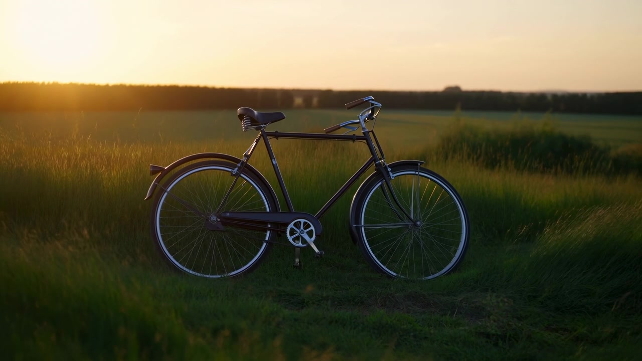 Stationary vintage style bicycle shown in full side profile, standing in tall green meadow during golden hour with warm backlight, soft shadows, and peaceful rural atmosphere, with bicycle, bike