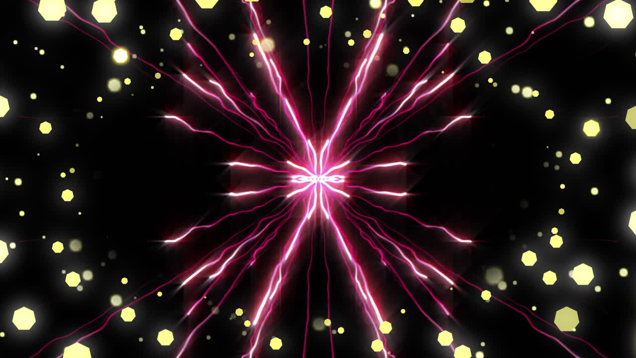 Animation of light trail explosion and christmas fairy lights flickering over black background