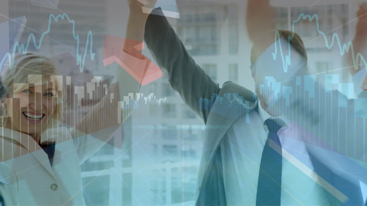 Animação de gráficos financeiros sobre empresários diversos e bem-sucedidos aplaudindo.