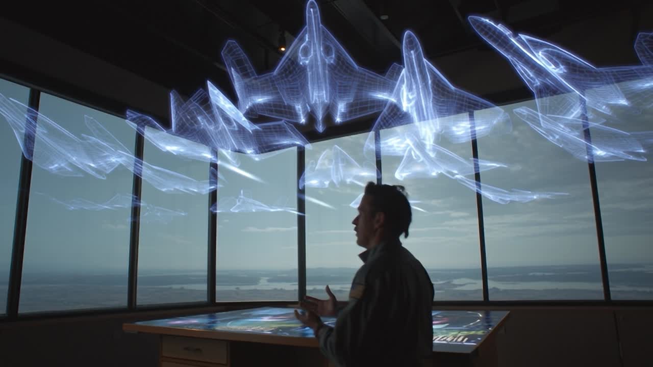 Young boy explores interactive holographic display of fighter jets